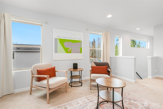 sitting room featuring light colored carpet