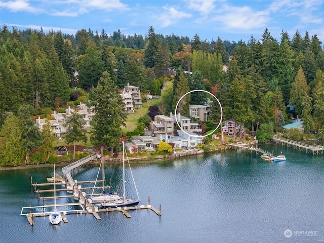 birds eye view of property with a water view