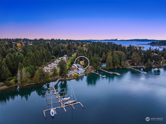 aerial view at dusk with a water view