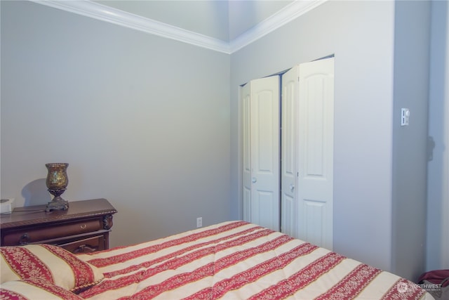 bedroom featuring ornamental molding and a closet