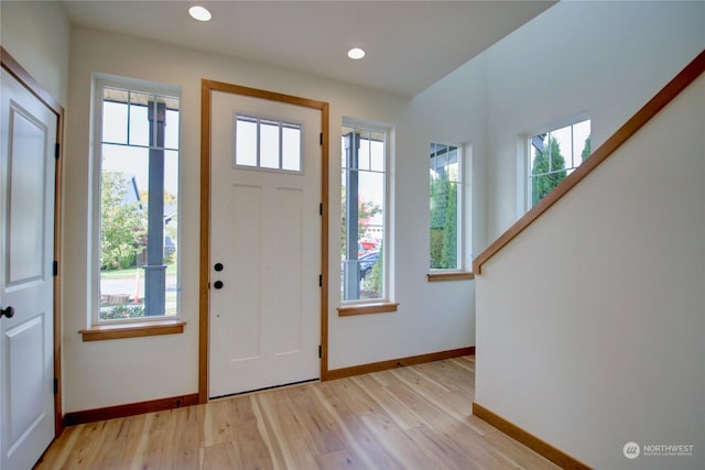 foyer entrance with light hardwood / wood-style floors and a healthy amount of sunlight