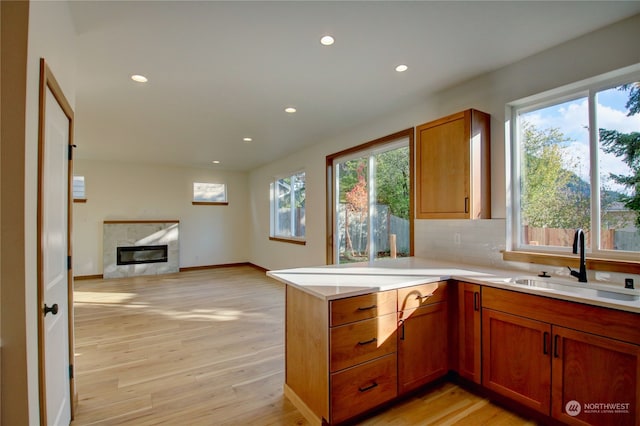 kitchen featuring light hardwood / wood-style flooring, sink, tasteful backsplash, and a high end fireplace