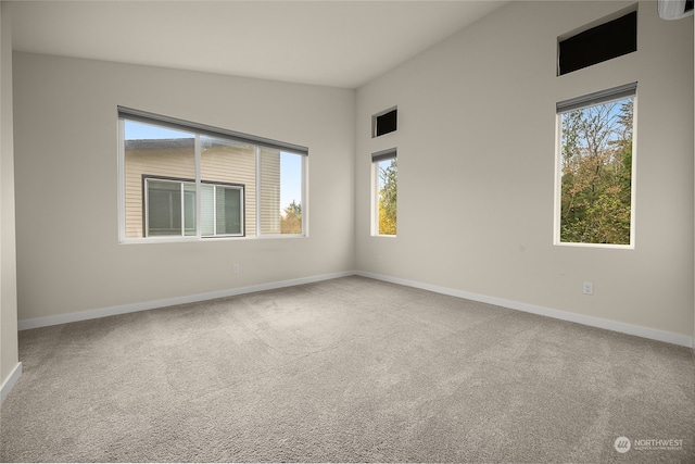 empty room with plenty of natural light, carpet floors, and vaulted ceiling