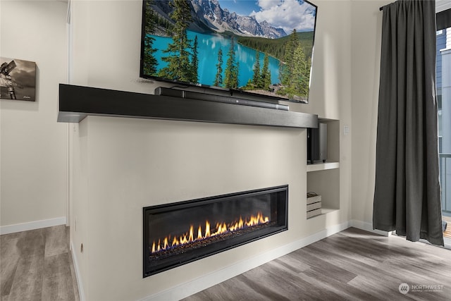 interior details with hardwood / wood-style floors and built in shelves