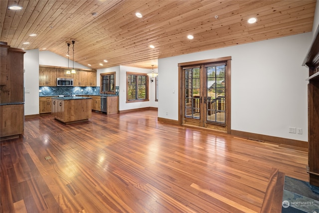 kitchen with hanging light fixtures, stainless steel appliances, wooden ceiling, lofted ceiling, and dark wood-type flooring