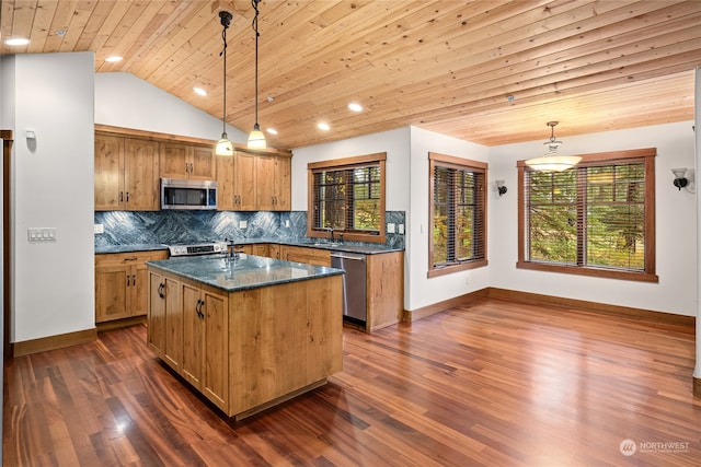 kitchen with a kitchen island, wood ceiling, dark wood-type flooring, pendant lighting, and appliances with stainless steel finishes