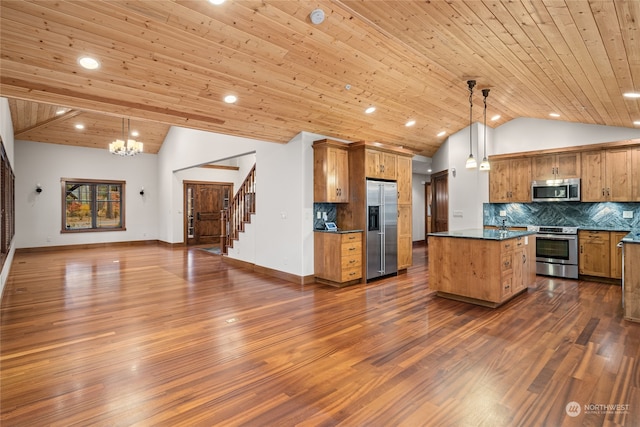 kitchen featuring wood ceiling, a center island, hanging light fixtures, stainless steel appliances, and dark hardwood / wood-style floors