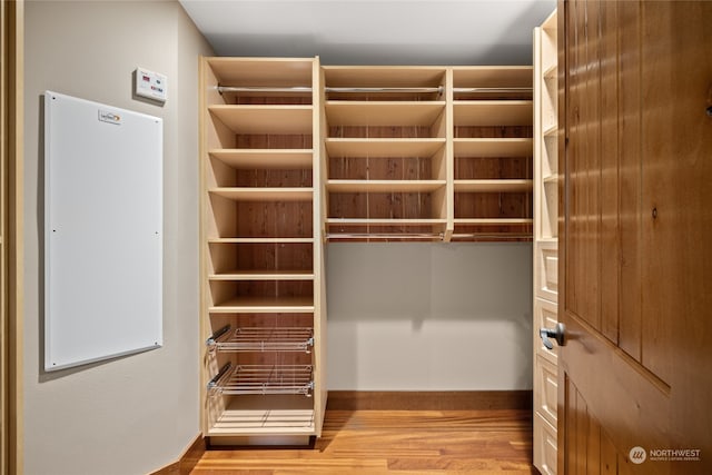 walk in closet with light hardwood / wood-style flooring