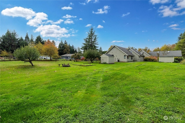 view of yard featuring a storage shed and an outbuilding