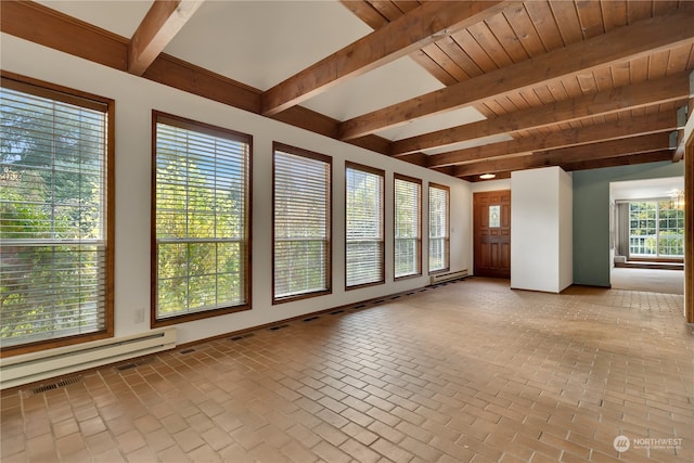 interior space featuring beam ceiling, a healthy amount of sunlight, and baseboard heating