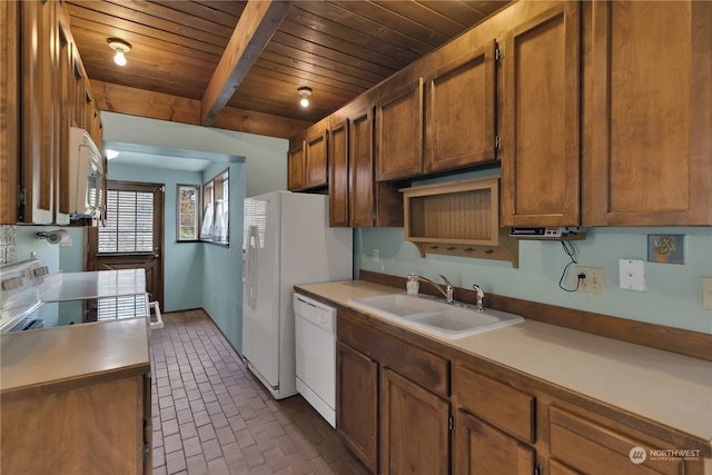 kitchen featuring white appliances, wood ceiling, beam ceiling, and sink