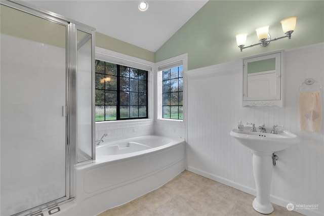 full bath featuring a sink, recessed lighting, lofted ceiling, an enclosed shower, and a bath