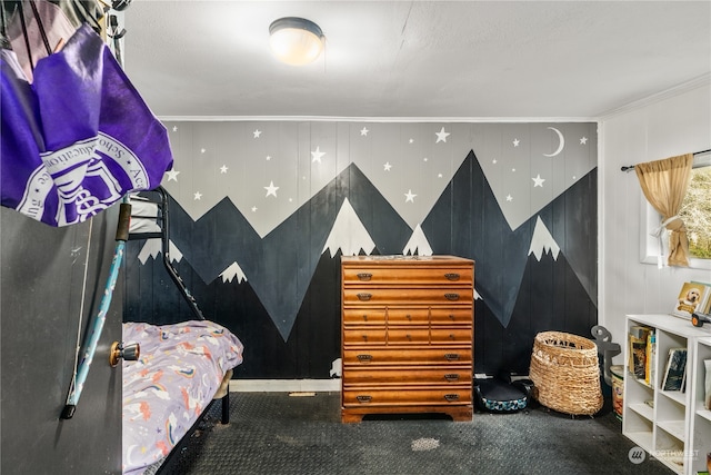 carpeted bedroom featuring ornamental molding