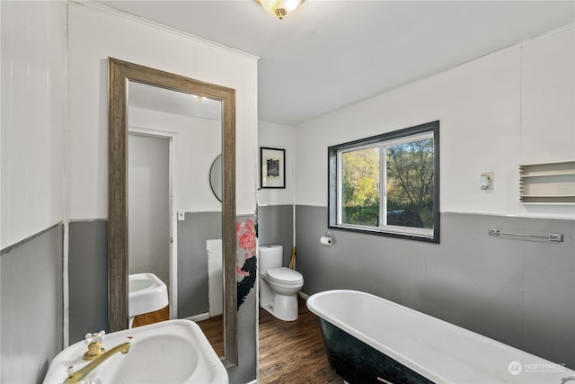 bathroom with toilet, wood-type flooring, sink, and a bathing tub