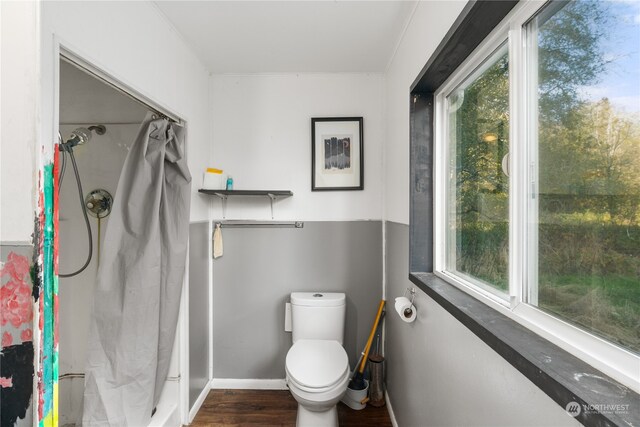 bathroom featuring toilet, crown molding, wood-type flooring, and a shower with shower curtain