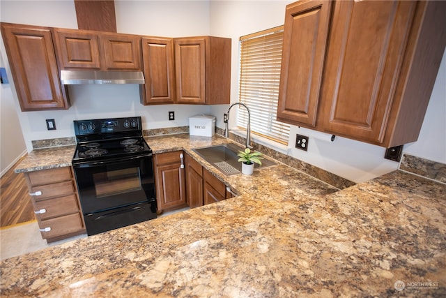 kitchen with sink, stone countertops, and black electric range