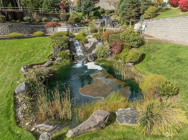 view of yard featuring a garden pond