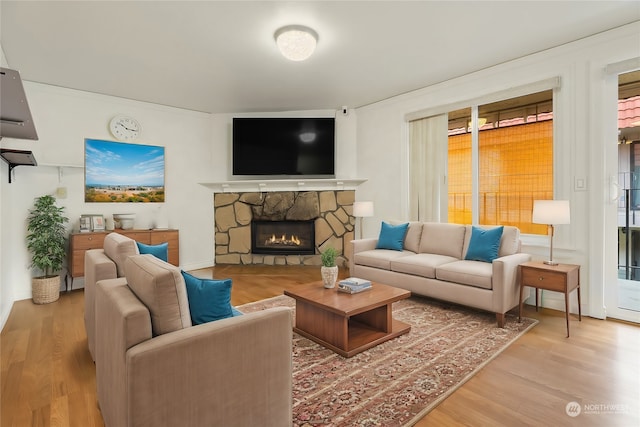 living room featuring light hardwood / wood-style flooring and a fireplace