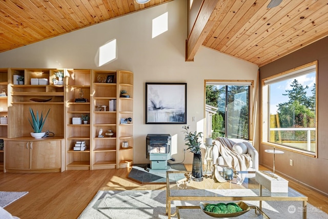 living room with light hardwood / wood-style floors, lofted ceiling with beams, a wood stove, and wood ceiling