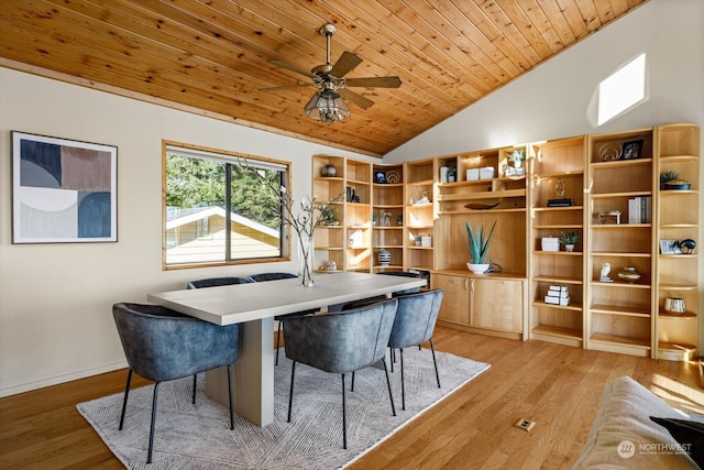 office space featuring wood ceiling, lofted ceiling, light hardwood / wood-style flooring, and ceiling fan