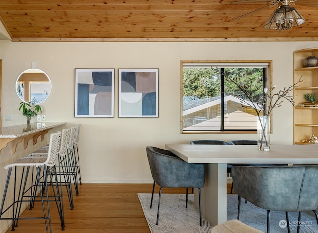 dining room featuring light hardwood / wood-style flooring and wood ceiling