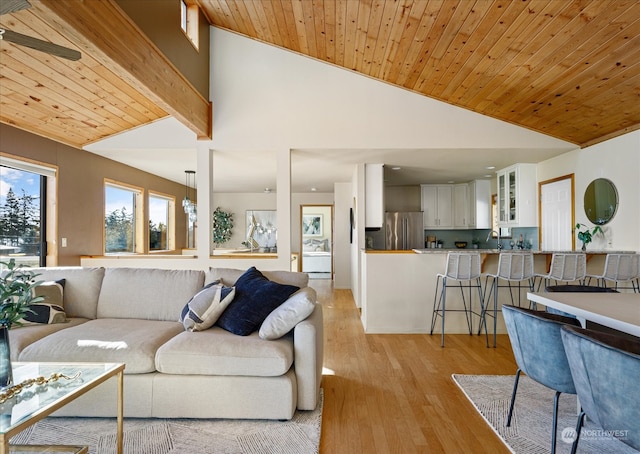 living room with wood ceiling, beam ceiling, light hardwood / wood-style flooring, high vaulted ceiling, and ceiling fan