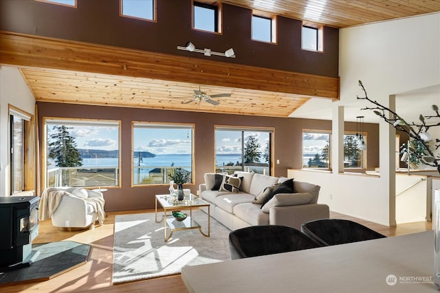 living room featuring light hardwood / wood-style flooring, a wood stove, wood ceiling, and a wealth of natural light