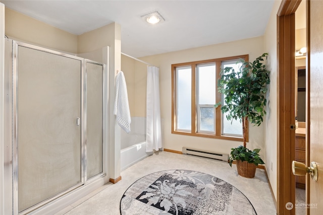 bathroom featuring an enclosed shower and a baseboard radiator