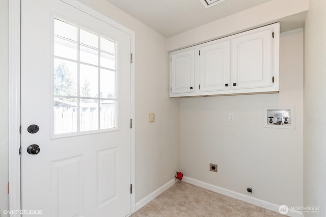 713 Main St, South Cle Elum, WA 98943 - washroom featuring electric dryer hookup, washer hookup, cabinet space, baseboards, and light colored carpet