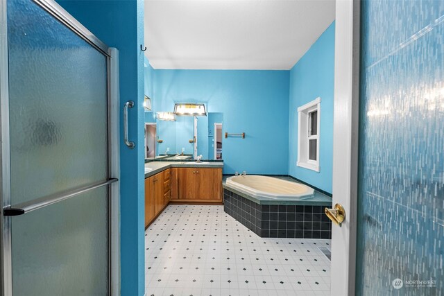 bathroom featuring vanity and independent shower and bath