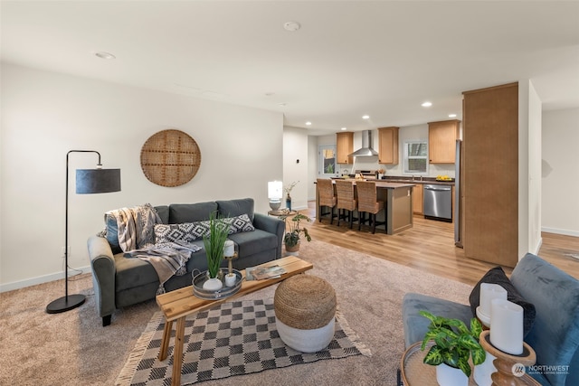 living room with light hardwood / wood-style flooring