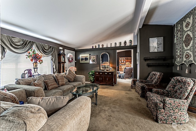 living room with vaulted ceiling with beams and carpet floors