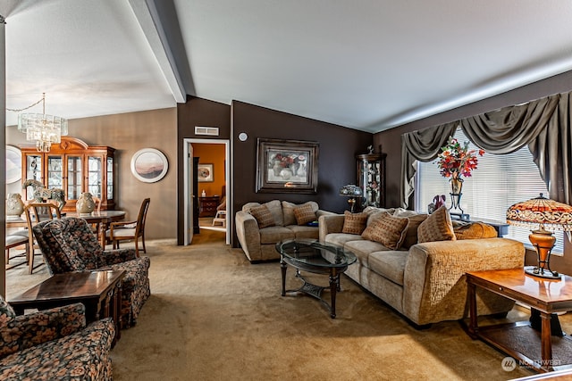 living room with a notable chandelier, vaulted ceiling with beams, and light colored carpet