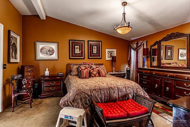 bedroom with a textured ceiling, vaulted ceiling with beams, and light colored carpet