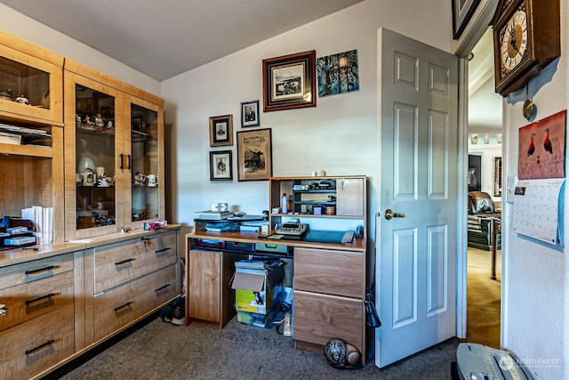 office with lofted ceiling and dark carpet