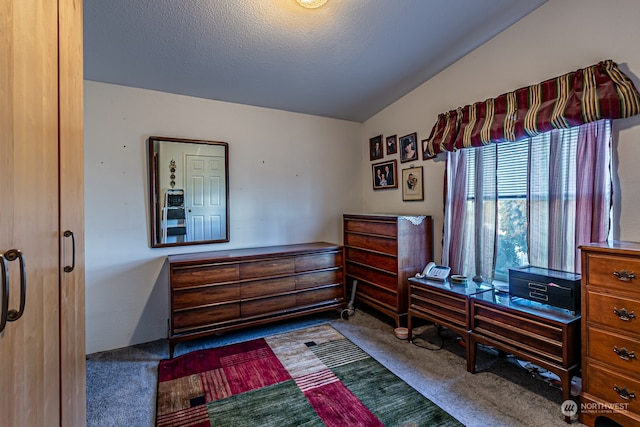 bedroom with lofted ceiling, a textured ceiling, and carpet flooring