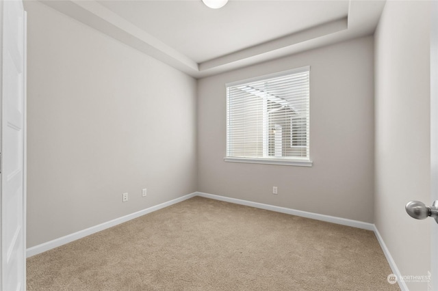 carpeted spare room featuring a tray ceiling and baseboards