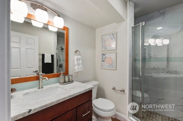 bathroom with vanity, an enclosed shower, and toilet