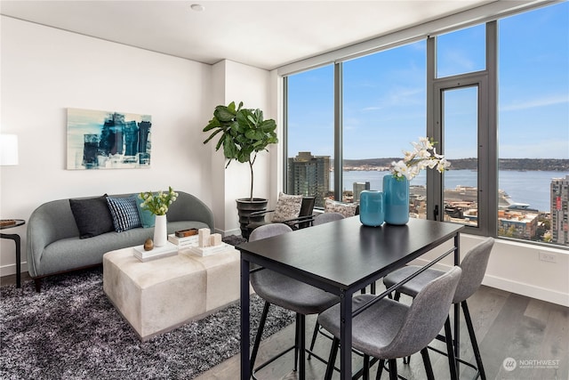 dining area with a water view and hardwood / wood-style floors