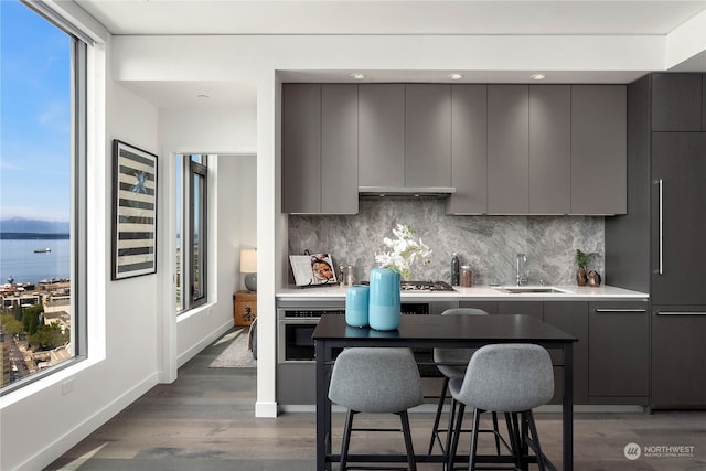 kitchen featuring oven, decorative backsplash, dark hardwood / wood-style floors, gray cabinetry, and sink