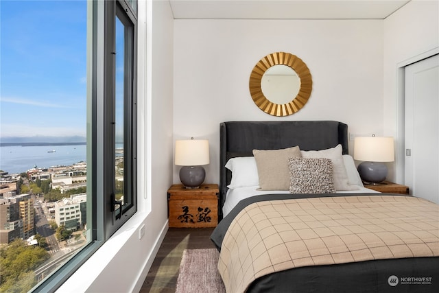 bedroom featuring dark hardwood / wood-style floors and a water view