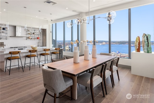 dining area with a water view, wood-type flooring, and sink