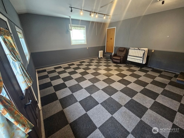 basement featuring rail lighting and dark carpet