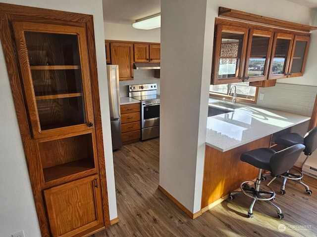 kitchen featuring dark wood-type flooring, sink, tasteful backsplash, a kitchen bar, and stainless steel appliances