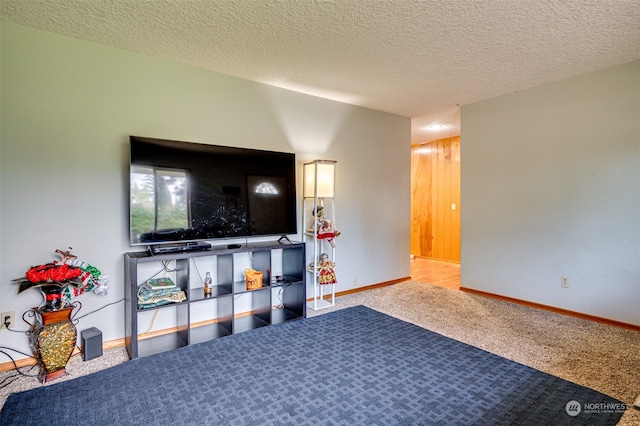 carpeted living room featuring a textured ceiling