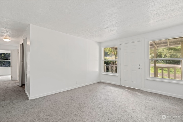 unfurnished room featuring a textured ceiling, carpet floors, and plenty of natural light