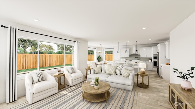 living room with a chandelier and light hardwood / wood-style floors