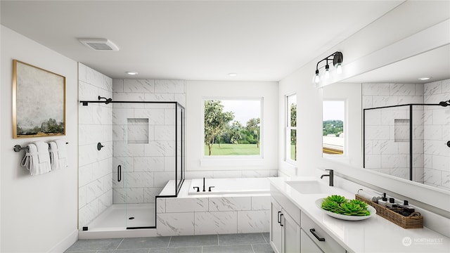 bathroom featuring vanity, shower with separate bathtub, and tile patterned floors