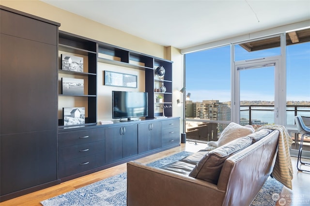 living room with floor to ceiling windows and light wood-type flooring