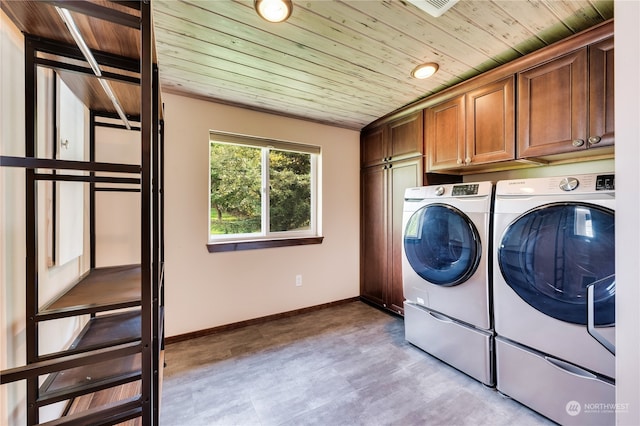 laundry room featuring cabinets, washer and dryer, and wooden ceiling